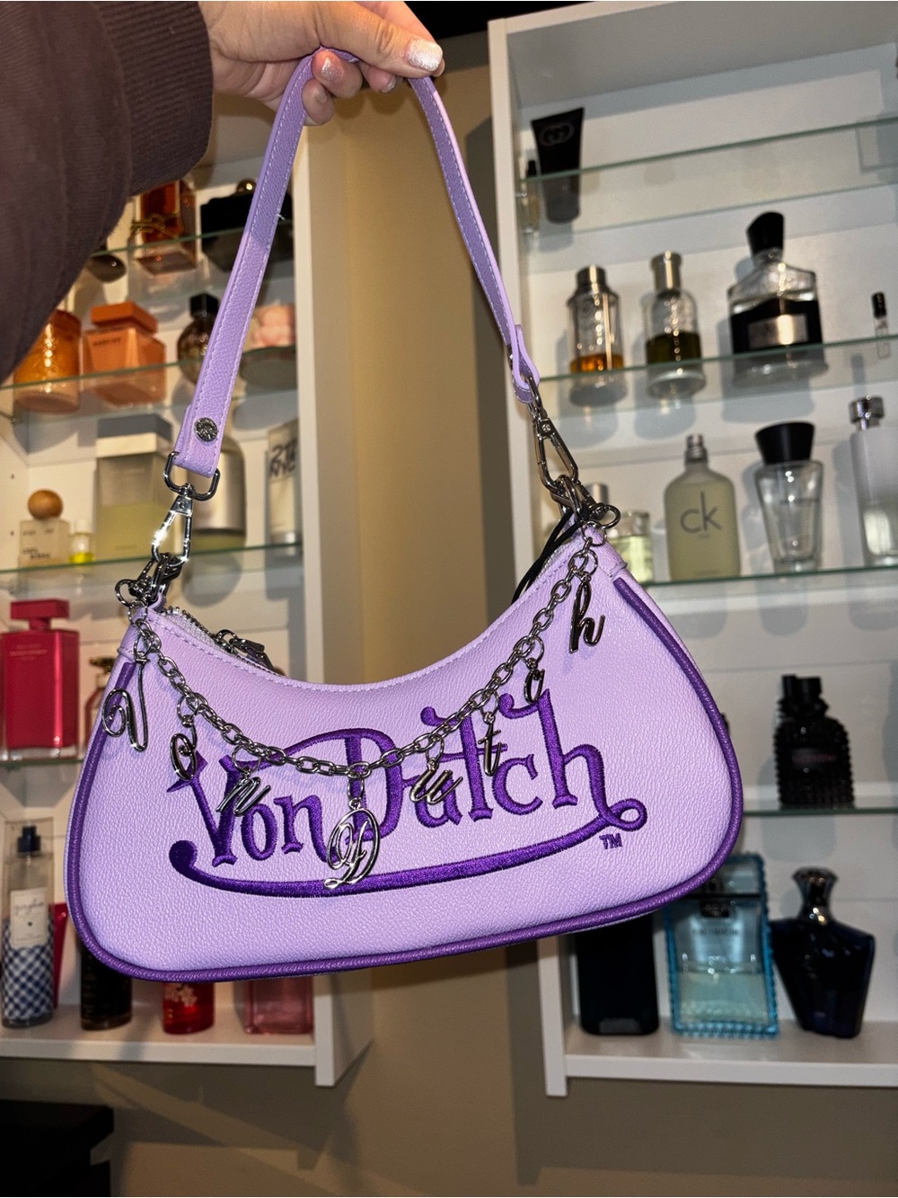 Von Dutch Lilac Logo Chain Charm Shoulder Bag